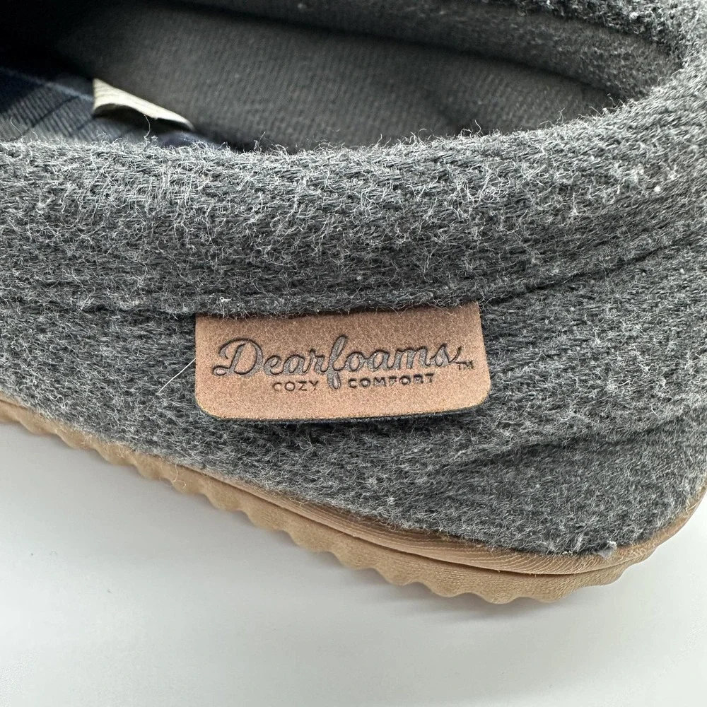 Dearfoams Slippers Mens 9-10 Gray Cozy Comfort Moccasin Plaid Lined Slip On